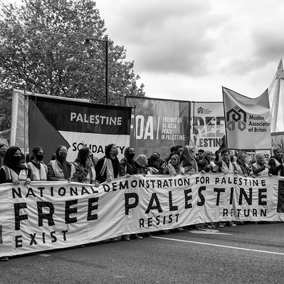 'Pro Palestinian supporters Block off the Embankment, London Street Photography Black and White'