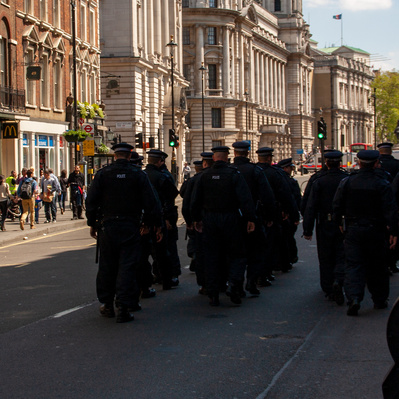 Police officers Line up along Whitehall at the Tommy Robinson Protests, London Colour Street Photography
