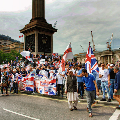 'Tommy Robinson Protesters gather next to Nelsons Column, London Colour Street Photography'