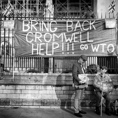 'Pro Brexit supporters holding placards outside Westminster, London Black and White Street Photography'