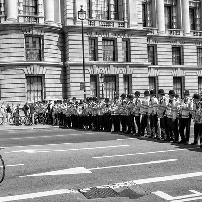 'Police line Whitehall at the Tommy Robinson Protests, London Black and White Street Photography '