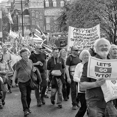 'Pro Brexit Supporters walk past Parliament, London Black and White Street Photography'