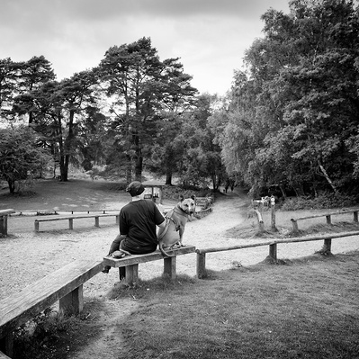 A photograph of a man with his dog leaf Hill, Surrey, England black-and-white photography