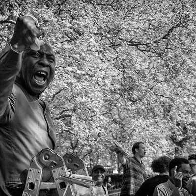Preacher at speakers corner, Hyde Park London black-and-white photography