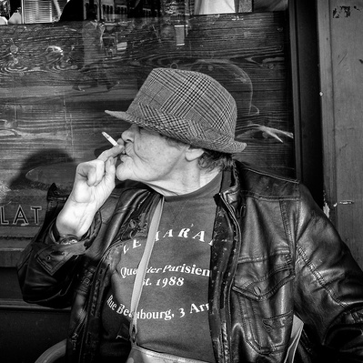 'Woman in a trilby smoking, Black & White London Street Photography'