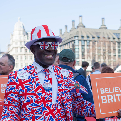 'Pro Brexit Protester dressed in a Union Jack Suit and Hat Westminster,London Colour Street Photography'