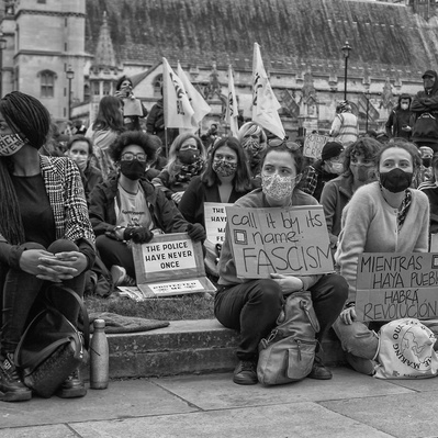 'Kill the Bill Protesters Sitting outside Parliament , London Street Photography Black and White'