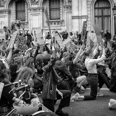 'Black Lives Matter Protesters Kneeling in Whitehall, Black and White London Street Photography'