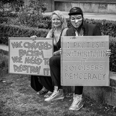 'Two Protesters holding placards at the Black Lives Matter Protests, London Black and White Street Photography'