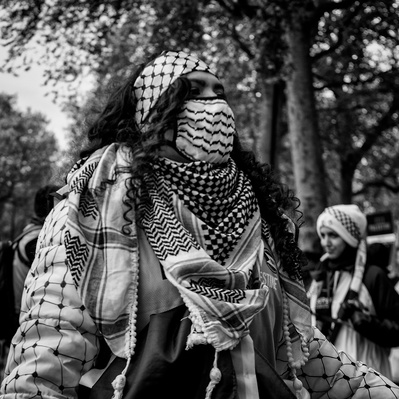 'Young Pro Palestinian protester_2, Embankment, Pro Palestinian protests, London Street Photography Black and White'
