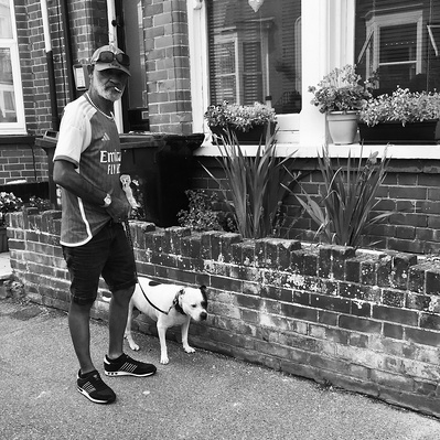 man walking his dog, Margate - Kent - black & white photography