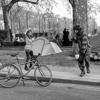 'Extinction Rebellion Protesters Dancing in the Street. London Black and White Street Photography'