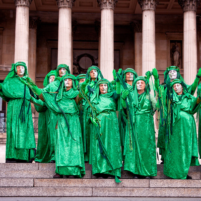 'Extinction Rebellion Protesters Dressed in Green Robes, National Gallery, London Colour Street Photography'