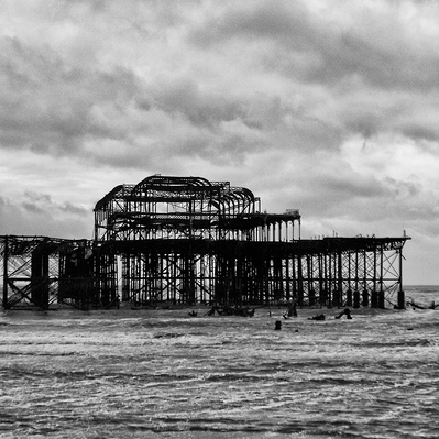 The old pier writing Sussex England black-and-white photography