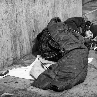 Rough sleeper sleeping London black-and-white photography
