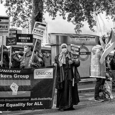 'Pro Palestinian supporters Gather at Embankment, London Street Photography Black and White'
