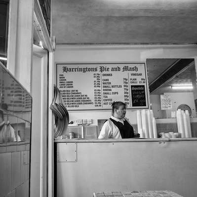 Harringtons pie and mash shop, Tooting, London, Black and White Photography 