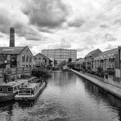 Regents Canal bow East London black-and-white photograph