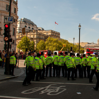 'Met Police Officers holding the line in Trafalgar Square, London Colour Street Photography'