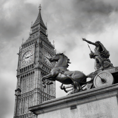Big Ben with statue of Bodacia London black-and-white photography