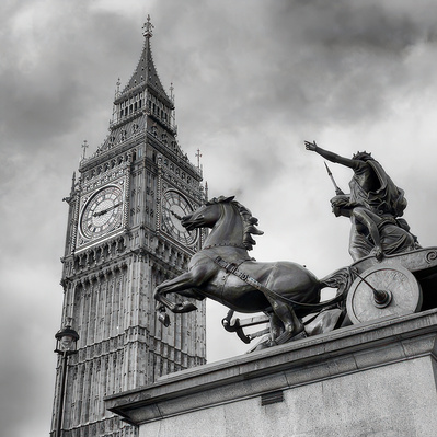 Big Ben with statue of Bodacia London black-and-white photography