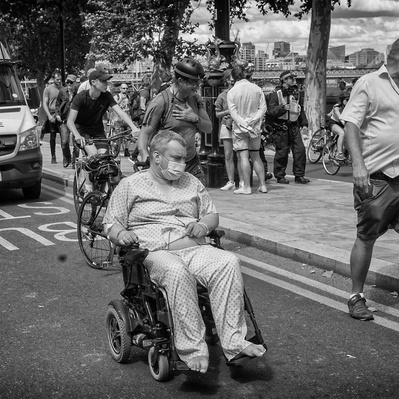 'Man in a wheelchair at the Black Lives Matter Protests, London Black and White Street Photography'
