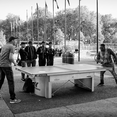 Two men playing table tennis marble arch, London black-and-white photography