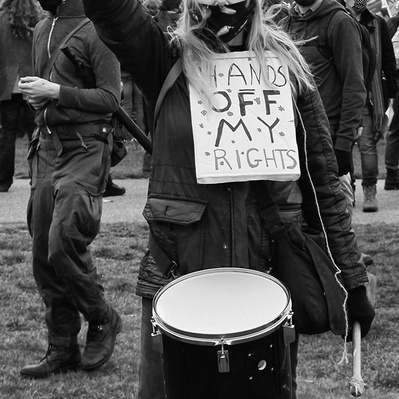 'Kill the Bill drummer in Hyde Park, London Street Photography Black and White'