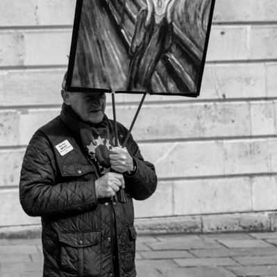 'Pro Europe supporter waving a flag outside Houses of Parliament, London Black and White Street Photography'