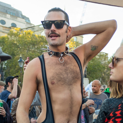 'Man posing in a Mankini in Trafalgar Square, London Street Photography Colour' 