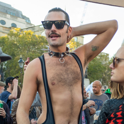 'Man posing in a Mankini in Trafalgar Square, London Street Photography Colour' 