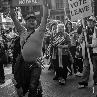 'Pro Brexit protester holding up a placard Westminster, London Black and White Street Photography'