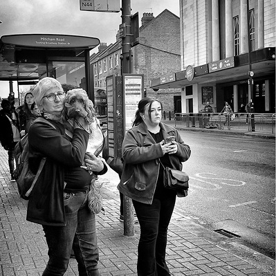 Woman holding her dog by bus stop Tooting black-and-white photography
