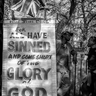 A placard at speakers corner London black-and-white photography