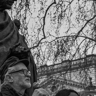 'Jeremy Corbyn Addresses Kill the Bill Supporters outside Parliament, London Street Photography Black and White'
