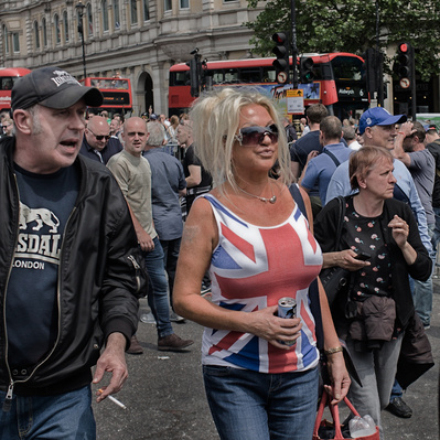 'Woman wearing an Union Jack Top, Tommy Robinson Protests, London Colour Street Photography'