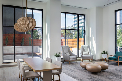 Lobby seating area at Element Marriott Denver, highlighting a modern, inviting space for guests.