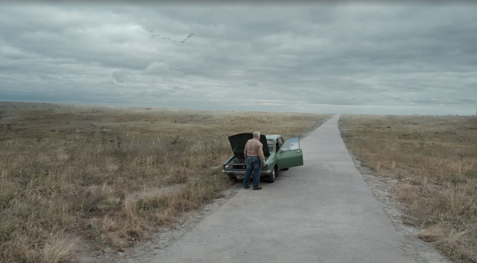 A vast, desolate landscape unfolds under gray skies as a driver struggles with a broken car, embodying themes of helplessness and isolation.