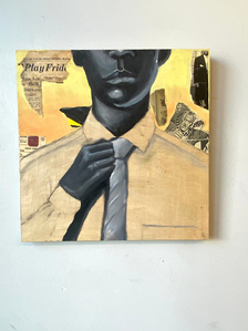 Modern collage titled ‘Fractured,’ oil and collage on wood, 12x12 inches, 2024. Explores themes of masculinity with overlapping patterns and vibrant hues.