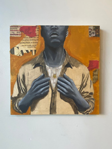 Modern collage titled ‘Fractured,’ oil and collage on wood, 12x12 inches, 2024. Explores themes of masculinity with overlapping patterns and vibrant hues.