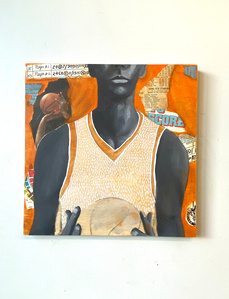 Modern collage titled ‘Fractured,’ oil and collage on wood, 12x12 inches, 2024. Explores themes of masculinity with overlapping patterns and vibrant hues.