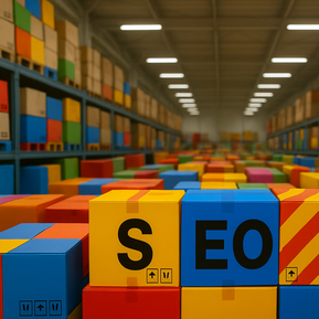 A warehouse full of product with colorful boxes, with a few boxes in the focus area with letters emblazoned over the boxes, spelling out 