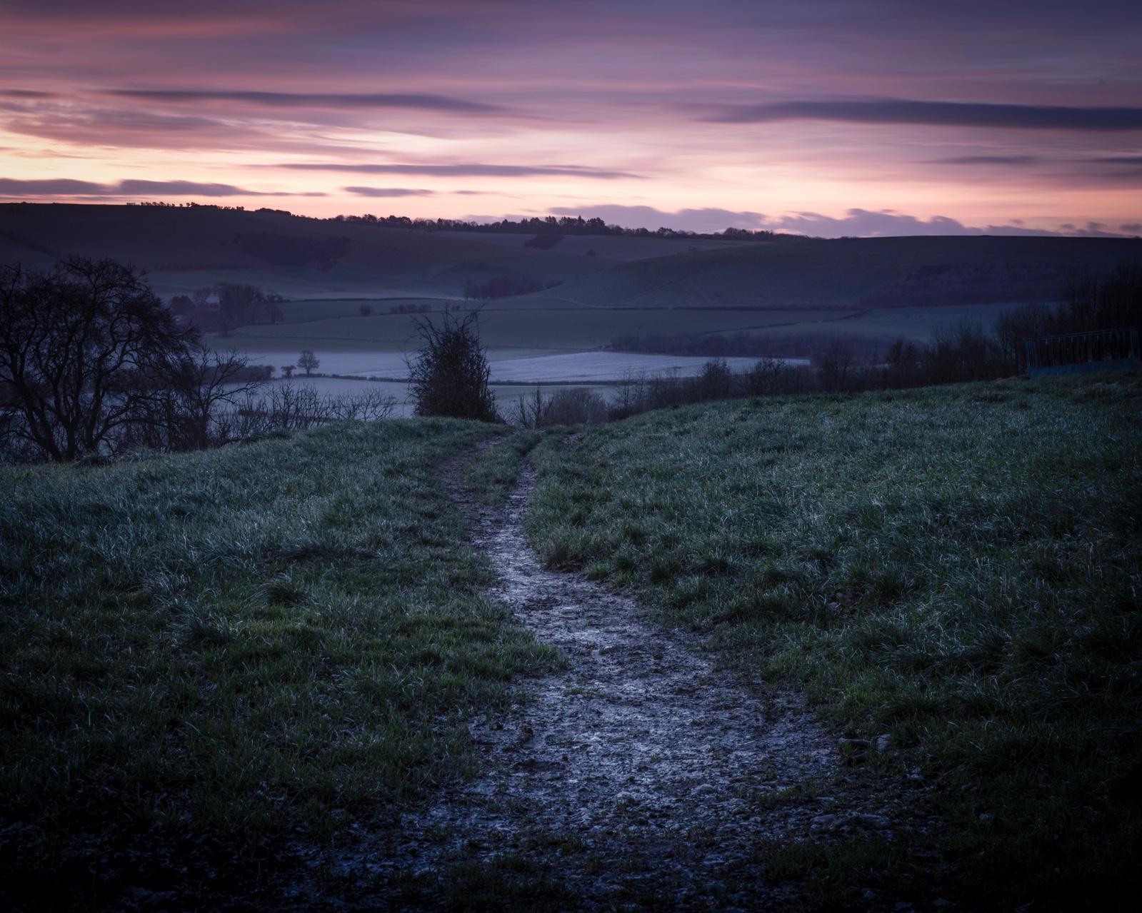 South Downs landscape at dawn with a beautiful pink sky.
