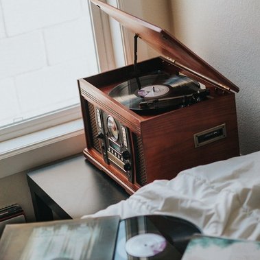 Authentic record player within a cosy home.