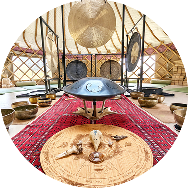 Earth Resonance sound bath setup at the Yoga Garden in a yurt in Horsham on the Knepp Estate.