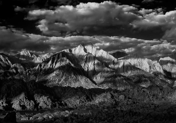 Early morning light, across the Eastern Sierra Nevada, California.  Scanned from original 4x5 film transparency.