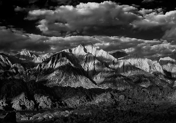 Early morning light, across the Eastern Sierra Nevada, California.  Scanned from original 4x5 film transparency.