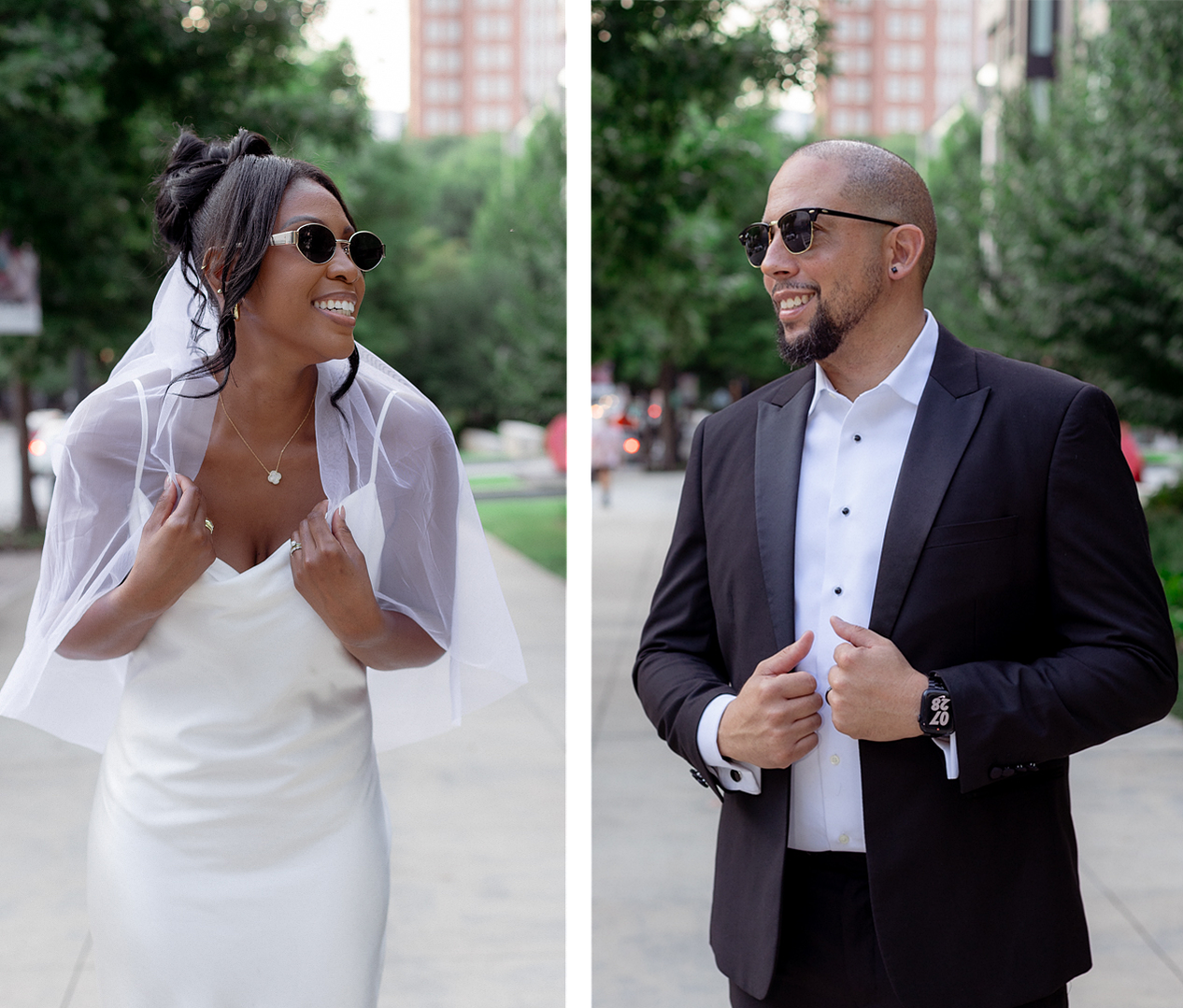 Composite photo of a Bride and Groom wearing formal attire in a city. Atlanta, GA photography. Documentary Style. Vivid Photos