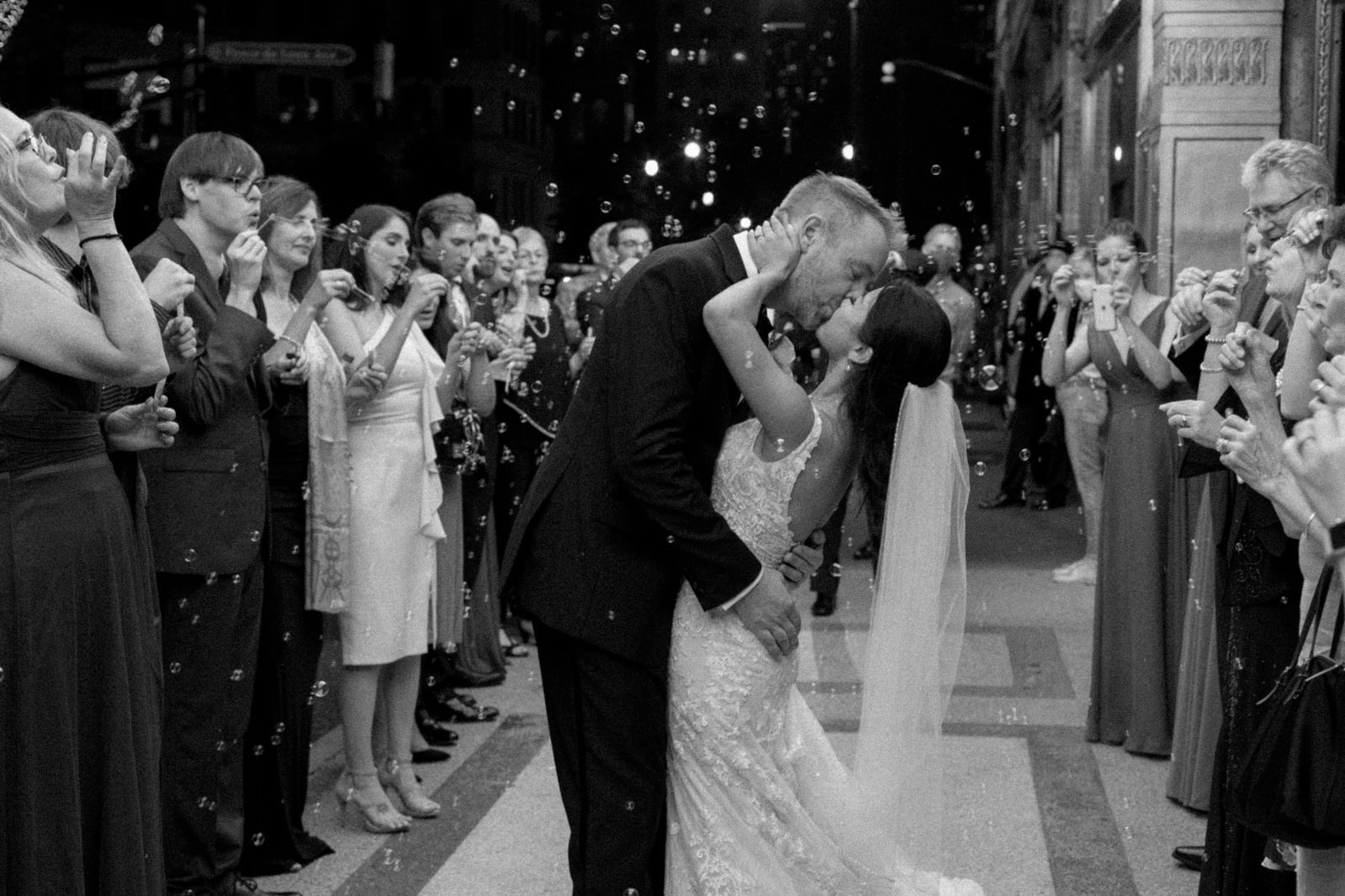 Wedding end with bubbles. If you do not want to do a sparkler exit, you can have bubbles instead. Bubbles are an elegant alternative to sparklers. 