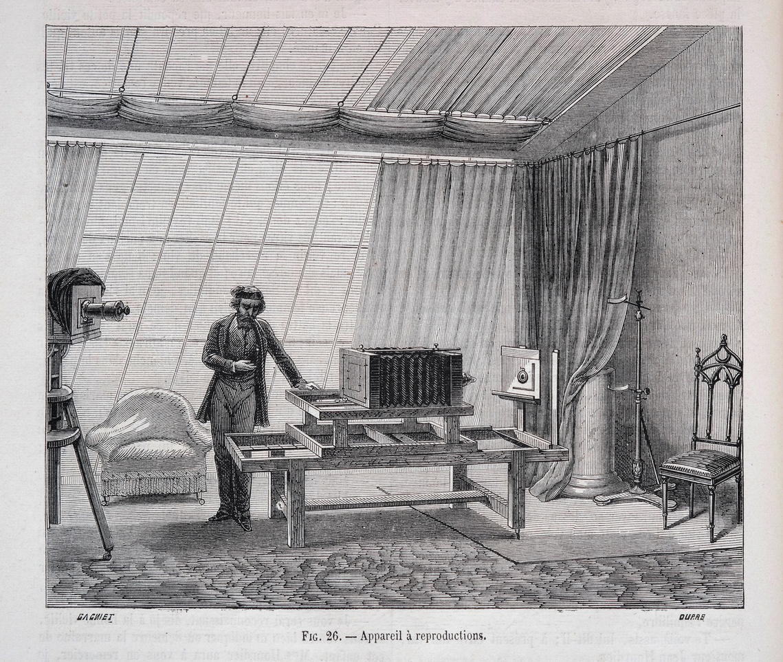 A nineteenth-century reproduction camera and operator pictured in ‘La Photographie’, Le Magasin Pittoresque, ed. Édouard Charton, 32e année (1864), 92. Wood engraving by Dupré after a drawing by Jules Gagniet, 12.5 x 15.1 cm. Digital copy-stand photograph